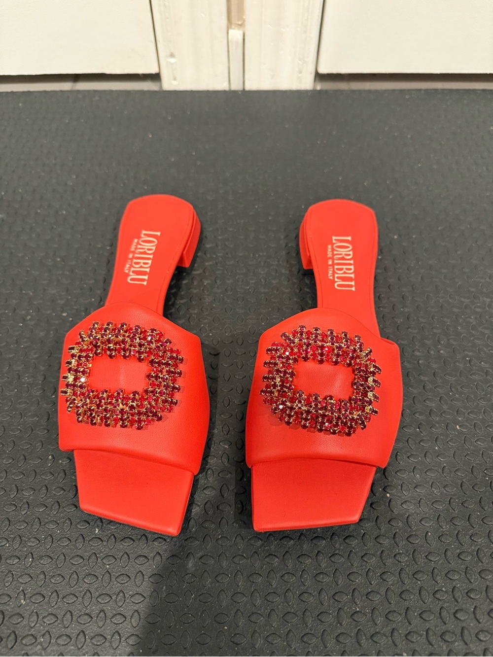 LORIBLU Red Jeweled Slide Sandals